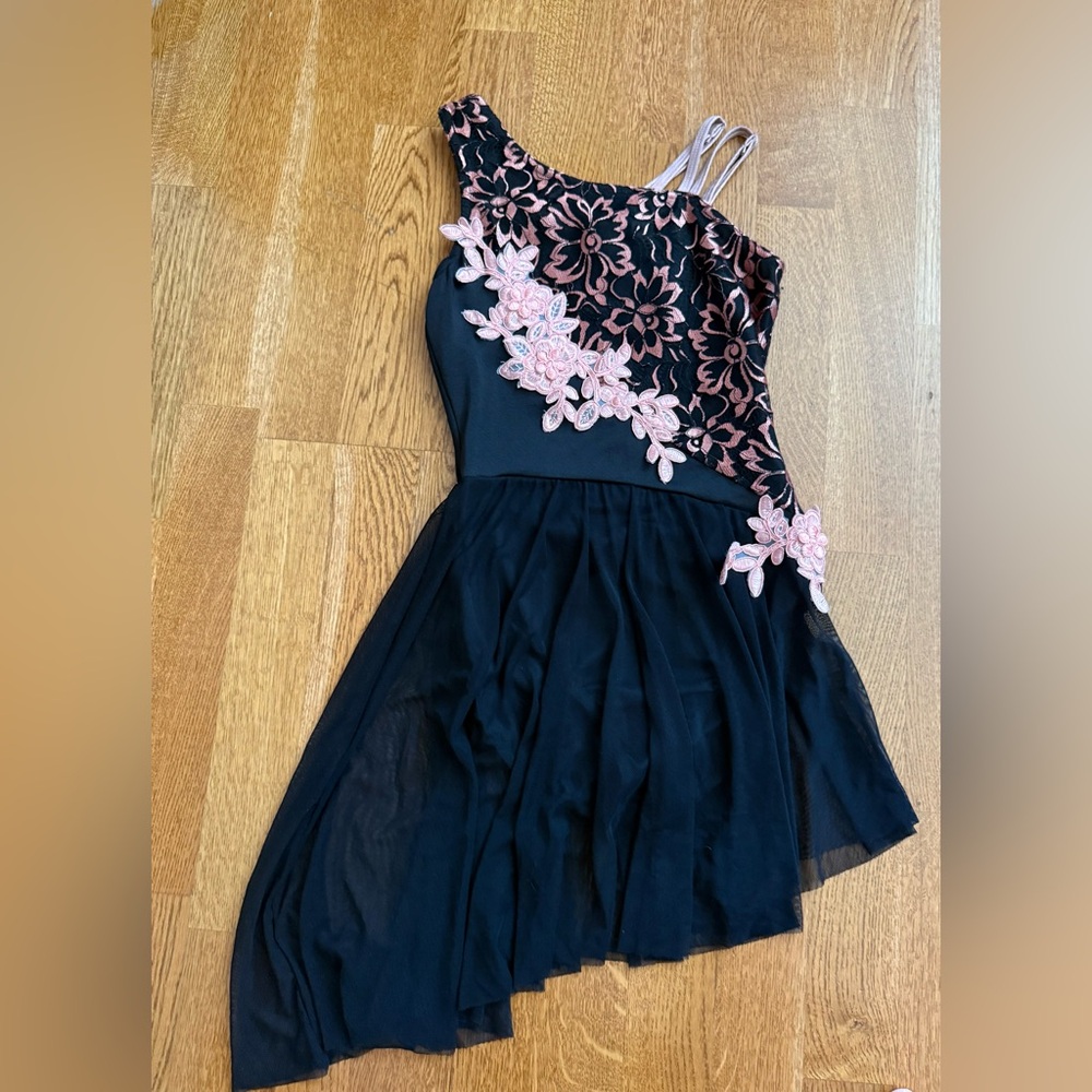 Black & Pink Floral Appliqué One-Shoulder Dress